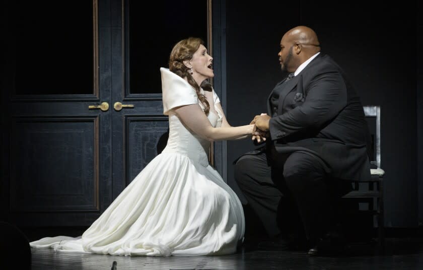 LOS ANGELES, CA - OCTOBER 13: Sara Jakubiak as "Elisabeth" and Issachah Savage as "Tannhauser" perform during a dress rehearsal of Los Angeles Opera's "Tannhauser" at the Dorothy Chandler Pavilion on Wednesday, Oct. 13, 2021 in Los Angeles, CA. (Myung J. Chun / Los Angeles Times)