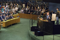 <p>The North Korean delegation table, left, is empty as President Trump speaks during the 72nd session of the United Nations General Assembly at U.N. headquarters, Tuesday, Sept. 19, 2017. (Photo: Mary Altaffer/AP) </p>