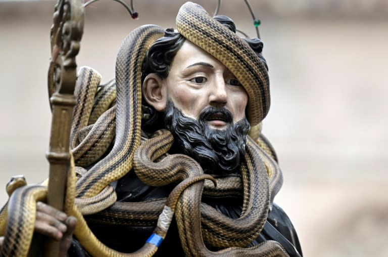 Des serpents vivants recouvrent la statue de saint Dominique abbé lors d'une procession le 1er mai 2024 à Cocullo, un petit village des Abruzzes dans le centre de l'Italie (Tiziana FABI)