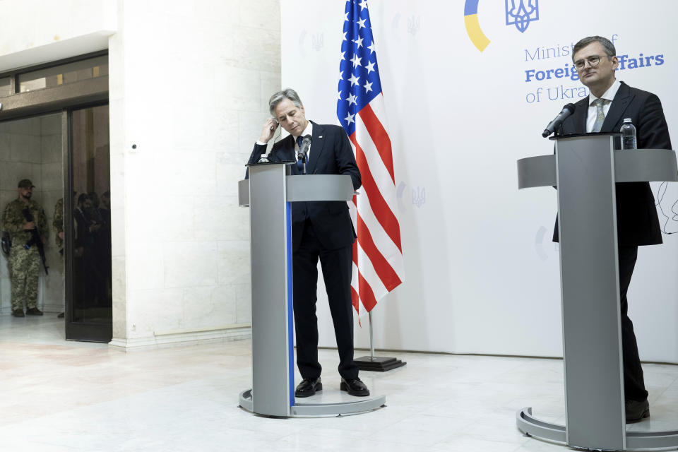 US Secretary of State Antony Blinken, left, and Ukrainian Foreign Minister Dmytro Kuleba give a joint press conference following their meeting, in Kyiv on Wednesday, May 15, 2024. Blinken sought to reassure Ukraine of continuing American support, announcing a $2 billion arms deal. Most of the money comes from a package approved last month. (Brendan Smialowski/Pool Photo via AP)