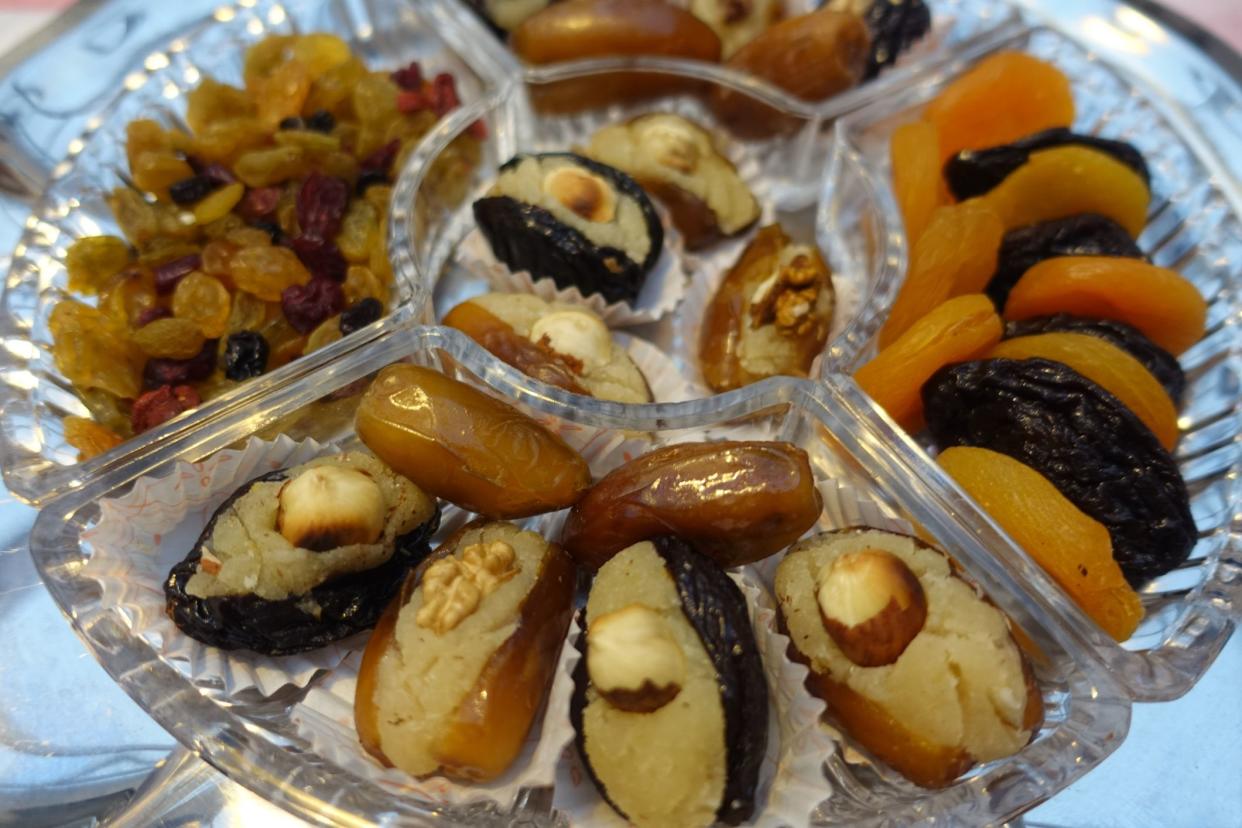Dates and prunes stuffed with almond paste Raisins Nuts  Dessert buffet