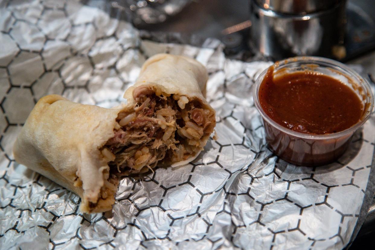 Slow's Low Rider burrito during the “What’s New” media event at Motor City Casino Tiger Club of Comerica Park in Detroit on Wednesday, March 27, 2024.