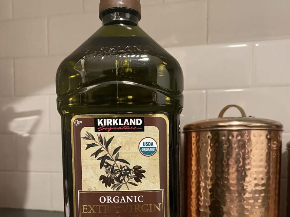 Kirkland extra-virgin olive oil on a counter