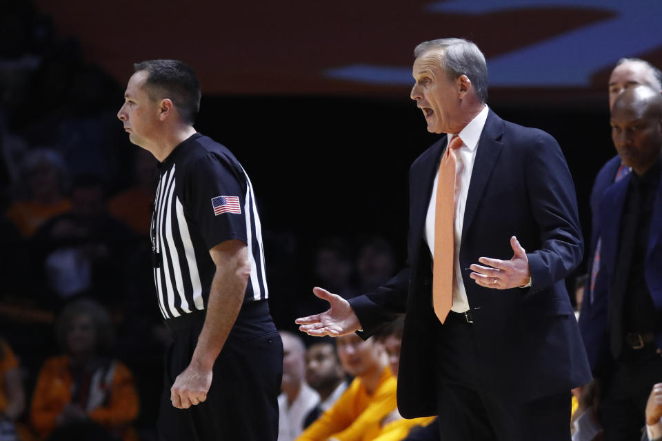 Tennessee head coach Rick Barnes reacts to a call during an NCAA college basketball game against Auburn, Saturday, March 7, 2020, in Knoxville, Tenn. (AP Photo/Wade Payne)