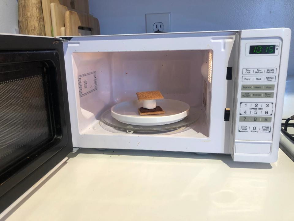 smore sitting on a plate in a microwave