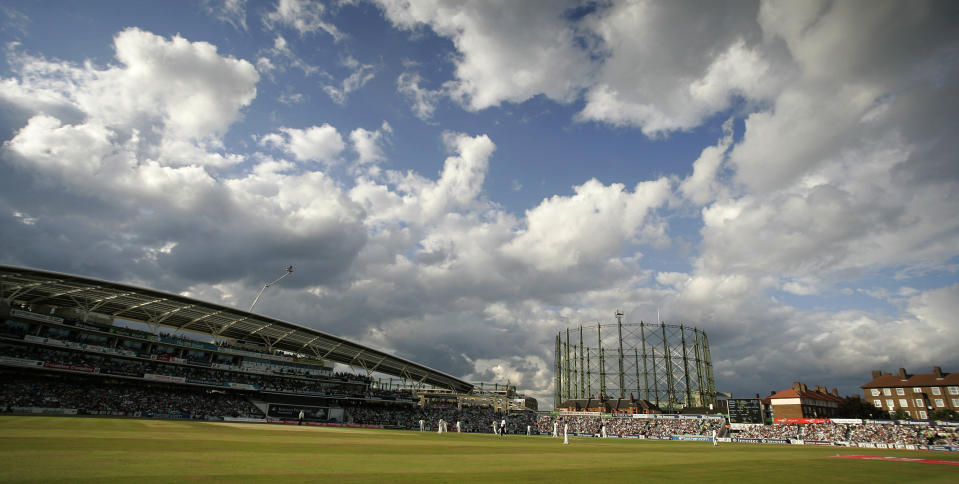 FILE - In this Sunday Aug. 12, 2007 file photo clouds pass over the the Oval cricket ground late afternoon, with the famous gasometer in the background as England play India on the fourth days play of the third cricket test in London. The 2019 Cricket World Cup is set to begin in England on May 31, with the Oval being one of the venues used in the competition. (AP Photo/Alastair Grant, File)