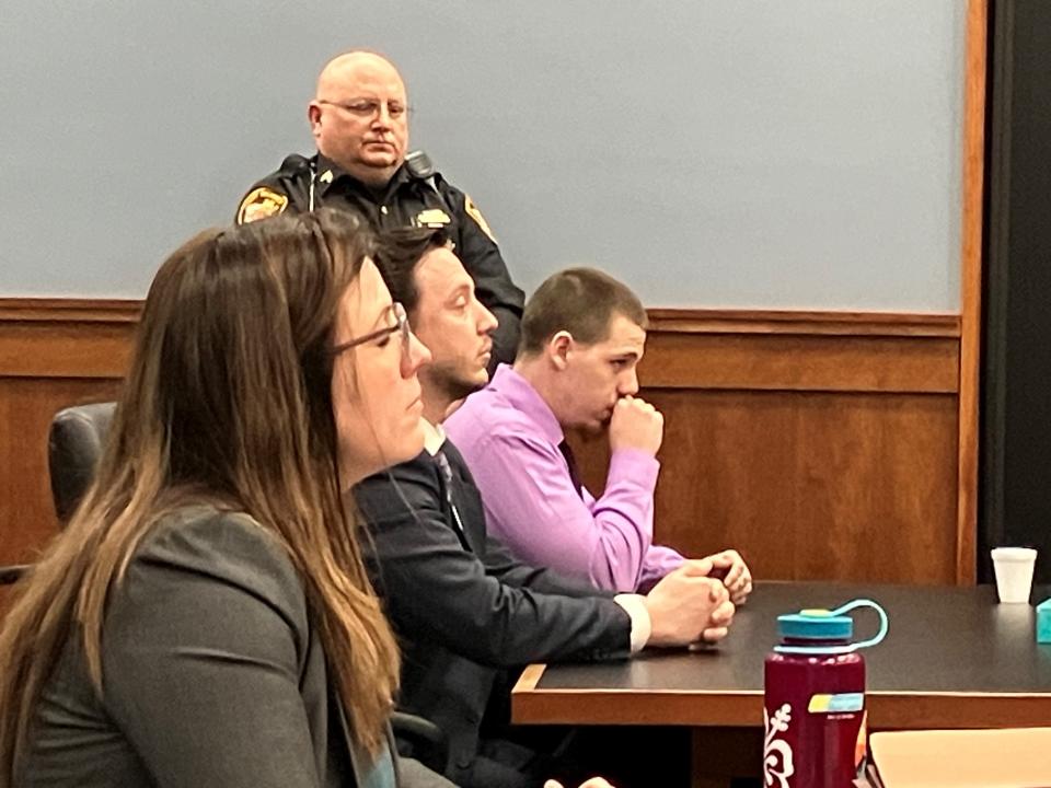 Richland County Assistant Prosecutor Lauryn Calderhead, defense attorney Ben Zushin, defendant Stephen Hughes and Sgt. Dwight Hicks await the jury verdict Friday.