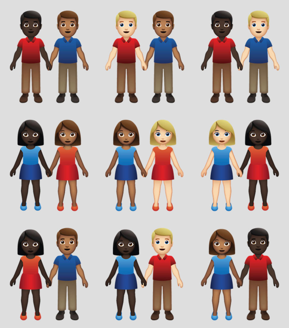 New emojis will be introduced to represent couples of colour. Pictured are a few of the 71 new emojis. Source: AAP