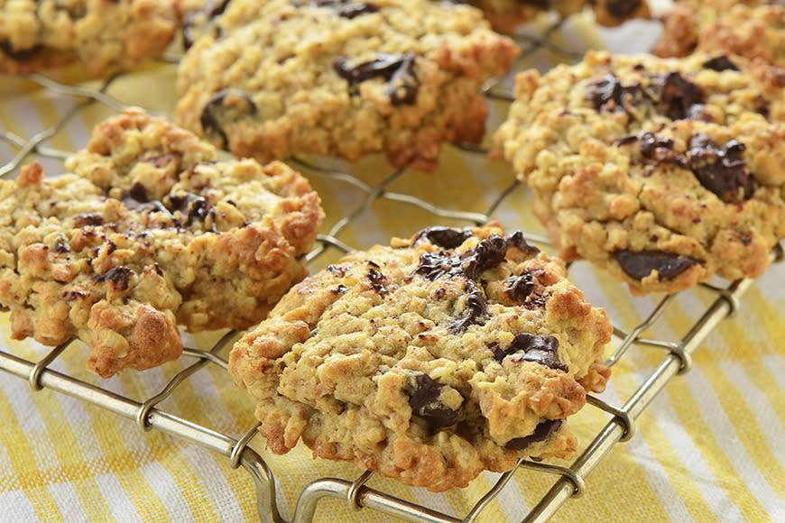 These Chunky Oatmeal Chocolate-Chip Cookies are made with rolled oats and dessicated coconut, so they’re totally healthy, right? That’s our argument and we’re sticking to it.