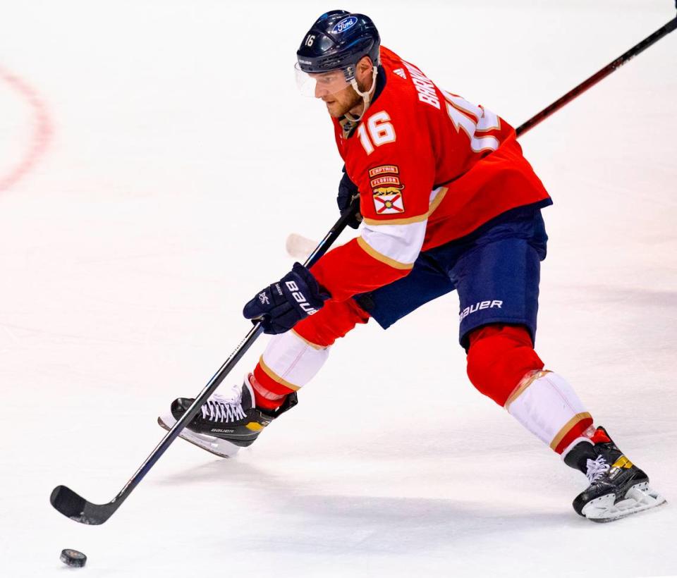 Florida Panthers center Aleksander Barkov (16) drives down the ice with the puck during the second period of the first training camp scrimmage in preparation for the 2021 NHL season at the BB&T Center on Thursday, January 7, 2021 in Sunrise.