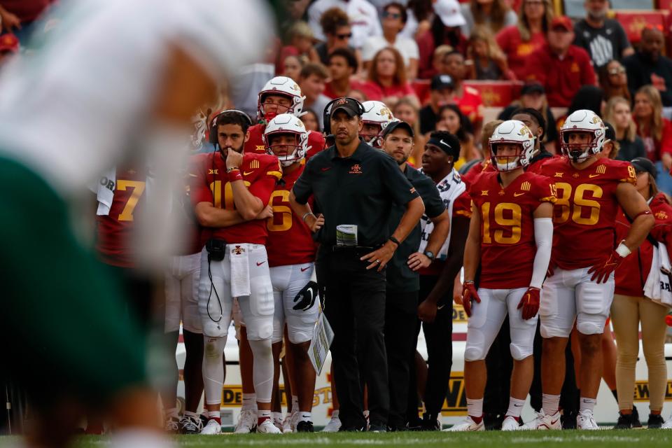 Iowa State coach Matt Campbell watches a play during Saturday's game vs. Ohio at Jack Trice Stadium in Ames.