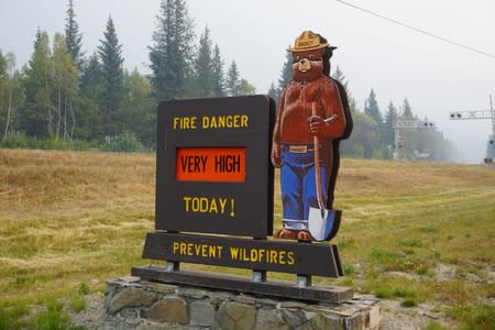 A Smokey the Bear sign warns of very high wildfire risk along the Seward Highway, near where the Swan Lake Fire near Seward