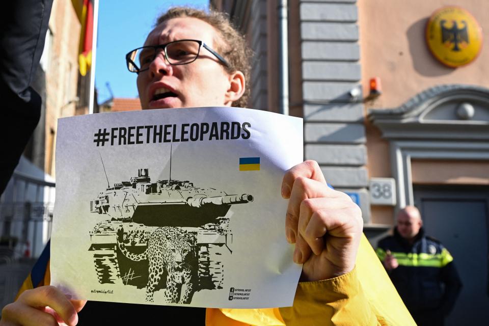 Ukrainian activists rally outside the German embassy to demand Germany to send Ukraine Leopard battle tanks in Tbilisi on January 25, 2023.