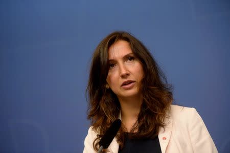 Swedish minister Aida Hadzialic announces at a news conference that she is resigning her education post after being caught driving under the influence of alcohol in Stockholm, Sweden, August 13, 2016. TT News Agency/Vilhelm Stokstad/via REUTERS