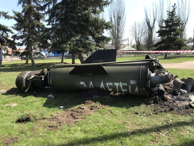 FILE PHOTO: Remains of a missile are seen near a rail station in Kramatorsk