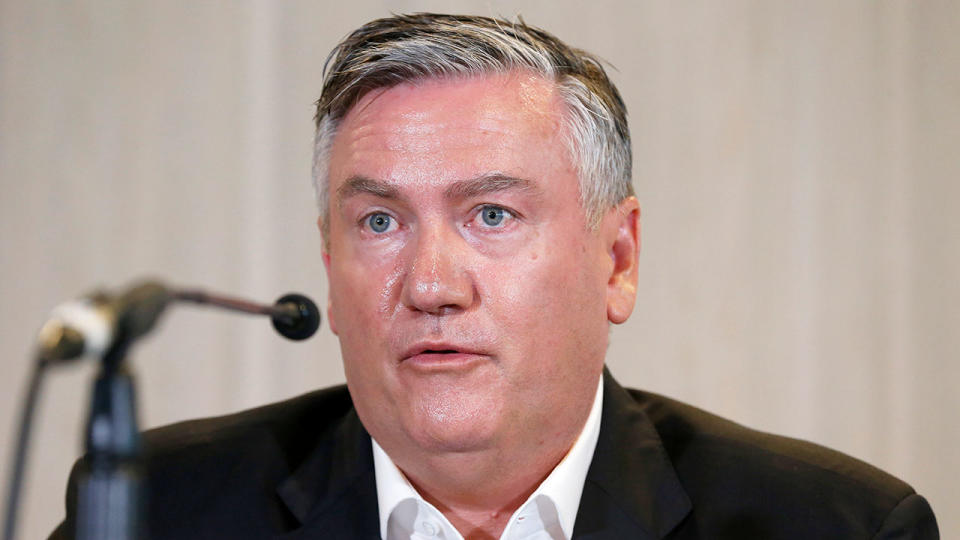 Eddie McGuire is seen here at a press conference addressing the 'systemic racism' findings at Collingwood.