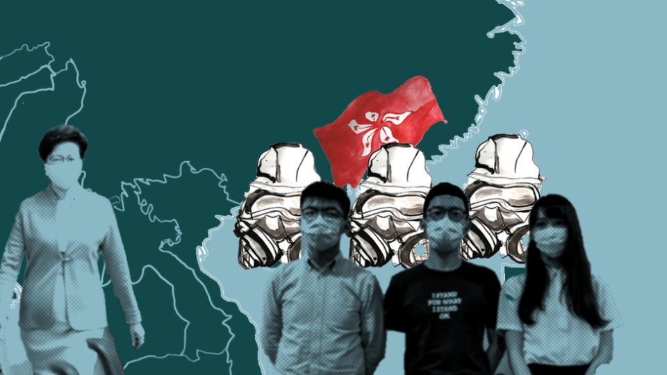 Ilustración que muestra a Carrie Lam, Joshua Wong, Nathan Law y Agnes Chow, con una bandera de Hong Kong