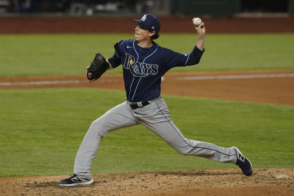 Tampa Bay Rays starting pitcher Ryan Yarbrough throws against the Los Angeles Dodgers during the fifth inning in Game 1 of the baseball World Series Tuesday, Oct. 20, 2020, in Arlington, Texas. (AP Photo/Eric Gay)