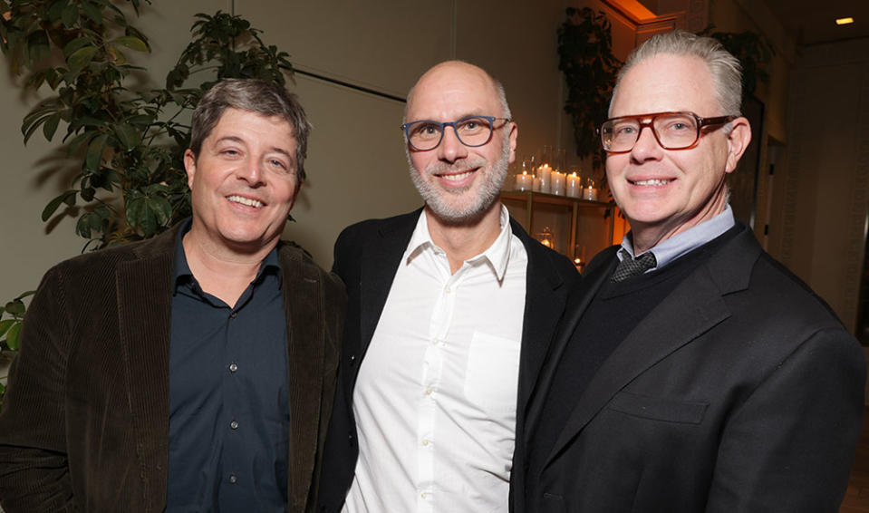 UTA's Dan Erlij and Gregory McKnight flank Jesse Armstrong at Spago in Beverly Hills on Jan. 12, 2024.