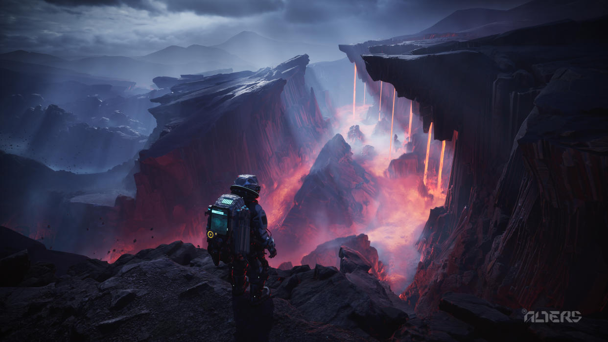  A person in a spacesuit on an alien planet looks down into a deep chasm. 