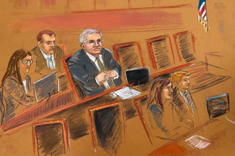 Senator Bob Menendez seen in court sketch sitting with his defense team during jury selection on Tuesday May 14 2024 at Manhattan federal court in New York (AP)