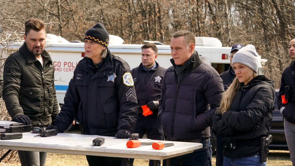  Chicago P.D.: Patrick John Flueger as Adam Ruzek, Amy Morton as Trudy Platt, Jason Beghe as Hank Voight, Tracy Spiridakos as Hailey 