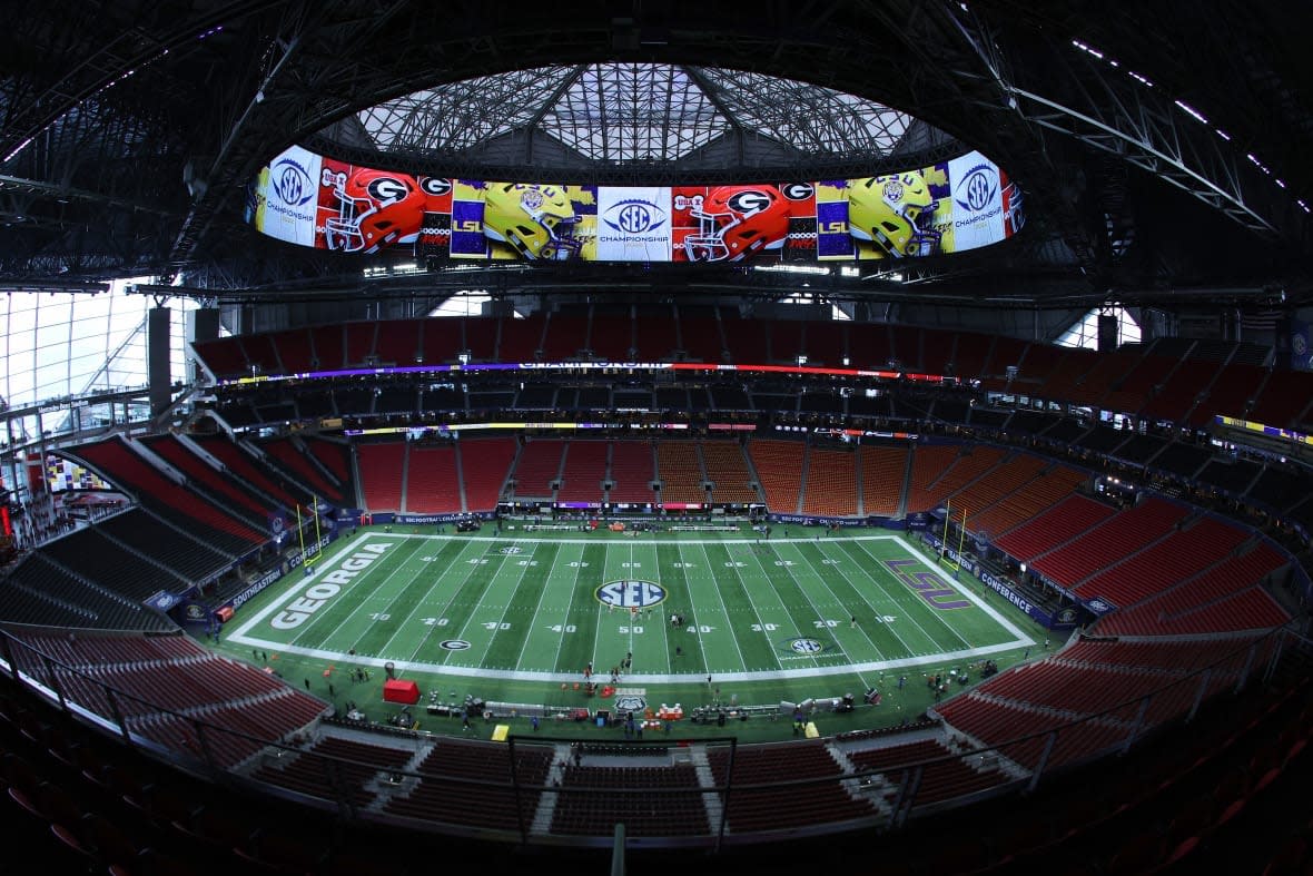 A general view of the field prior to the SEC Championship game between the LSU Tigers and the Georgia Bulldogs at Mercedes-Benz Stadium on December 03, 2022 in Atlanta, Georgia. (Photo by Kevin C. Cox/Getty Images)