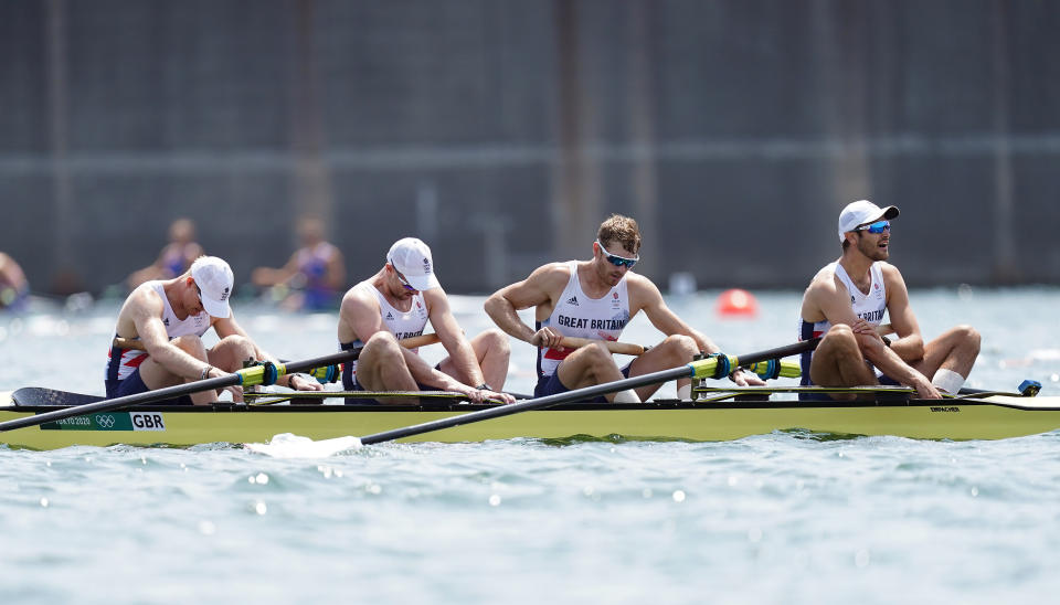 Great Britain's Oliver Cook, Matthew Rossiter, Rory Gibbs and Sholto Carnegie react to finishing fourth in the Men�s Four during the Rowing at the Sea Forest Waterway on the fifth day of the Tokyo 2020 Olympic Games in Japan. Picture date: Wednesday July 28, 2021.