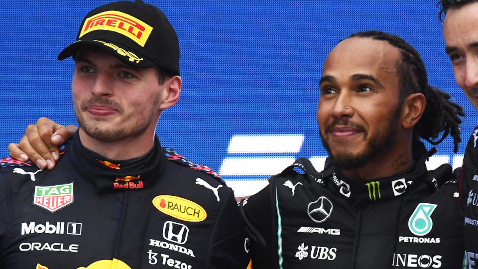 Max Verstappen and Lewis Hamilton, pictured here after the Russian Grand Prix.