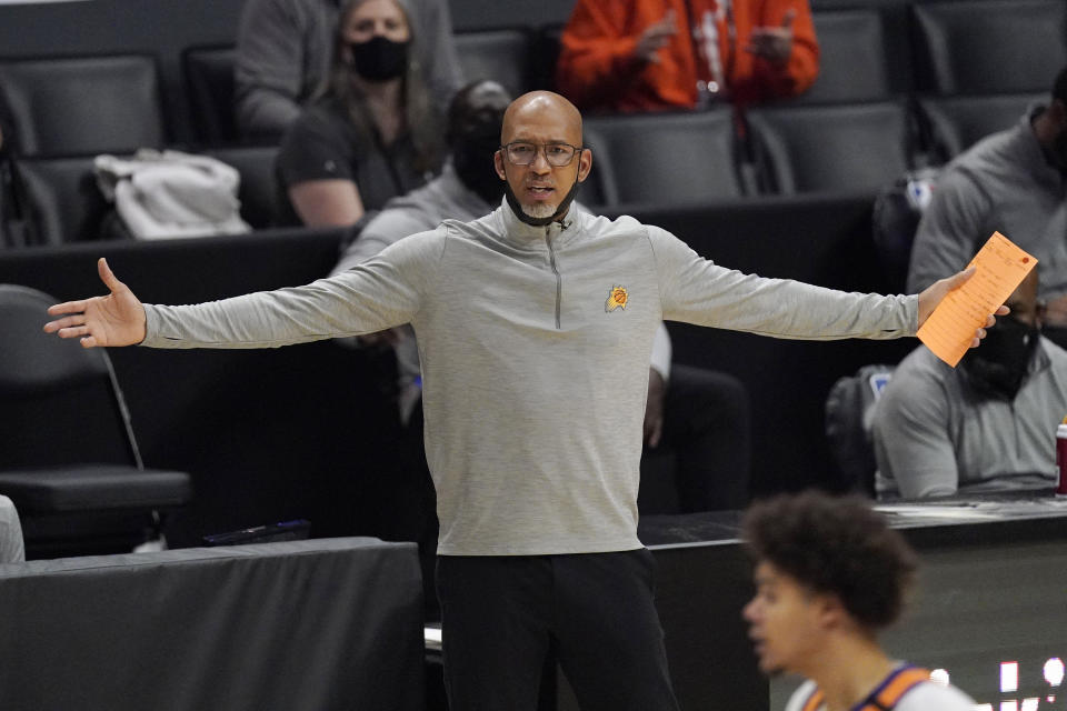 Phoenix Suns head coach Monty Williams gestures during the first half in Game 3 of the NBA basketball Western Conference Finals against the Los Angeles Clippers Thursday, June 24, 2021, in Los Angeles. (AP Photo/Mark J. Terrill)