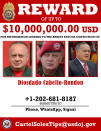 This image provided by the U.S. Department of Justice shows a reward poster for Diosdado Cabello that was released on Thursday, March 26, 2020. The U.S. Justice Department has indicted Venezuela's socialist leader Nicolás Maduro and several key aides on charges of narcoterrorism. (Department of Justice via AP)