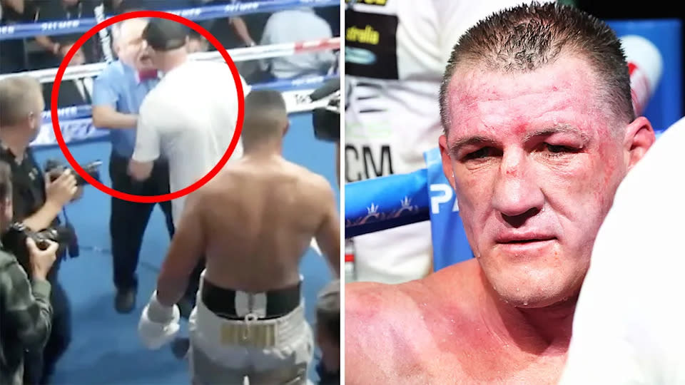 Paul Gallen's adviser Peter Mitrevski was involved in a heated exchange with referee John Cauchi after the ex-NRL star's loss to Justis Huni on Wednesday. Pictures: Main Event/Getty Images
