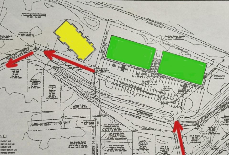 This map sketch shows the proposed apartment two-building complex at right (in green), and Hawley Village Apartments (in yellow). Barker Street Apartments (not shown) is immediately off the map at left. The red arrows depict the planned one-way traffic flow, with traffic heading in along an easement off of Church Street at lower right, and traffic heading out along Barker Street, at left. Forty vehicles a day are foreseen, according to the traffic engineer who testified at the conditional use hearing for Barker Street Partners LLC held Jan. 10, 2024, at Hawley Borough Hall. This map has been adapted from the one rendered for the applicant by Tompkins Engineering.