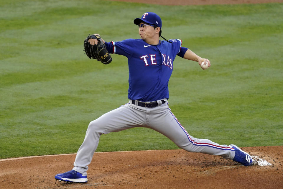 Texas Rangers relief pitcher Hyeon-Jong Yang throws to the plate during the first inning of a baseball game against the Los Angeles Angels Tuesday, May 25, 2021, in Anaheim, Calif. (AP Photo/Mark J. Terrill)