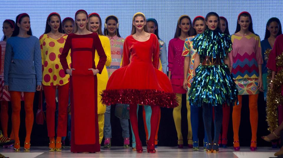 Models wear creations by Agatha Ruiz de la Prada, of Spain, during Lima Fashion Week in Lima, Peru, Wednesday, April 10, 2013. (AP Photo/Martin Mejia)