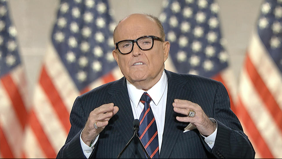 In this image from video, former New York City Mayor Rudy Giuliani, personal attorney to President Donald Trump speaks from New York, during the fourth night of the Republican National Convention on Thursday, Aug. 27, 2020. (Courtesy of the Committee on Arrangements for the 2020 Republican National Committee via AP)