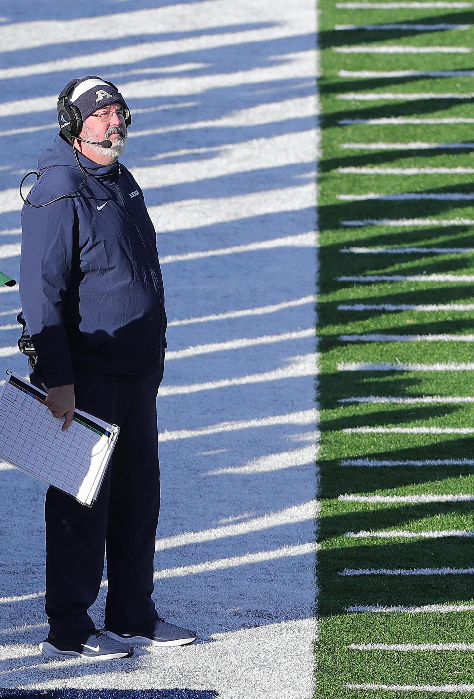 University of Akron head football coach Joe Moorhead looks on as the Zips play Ohio on Friday, Nov. 24, 2023.