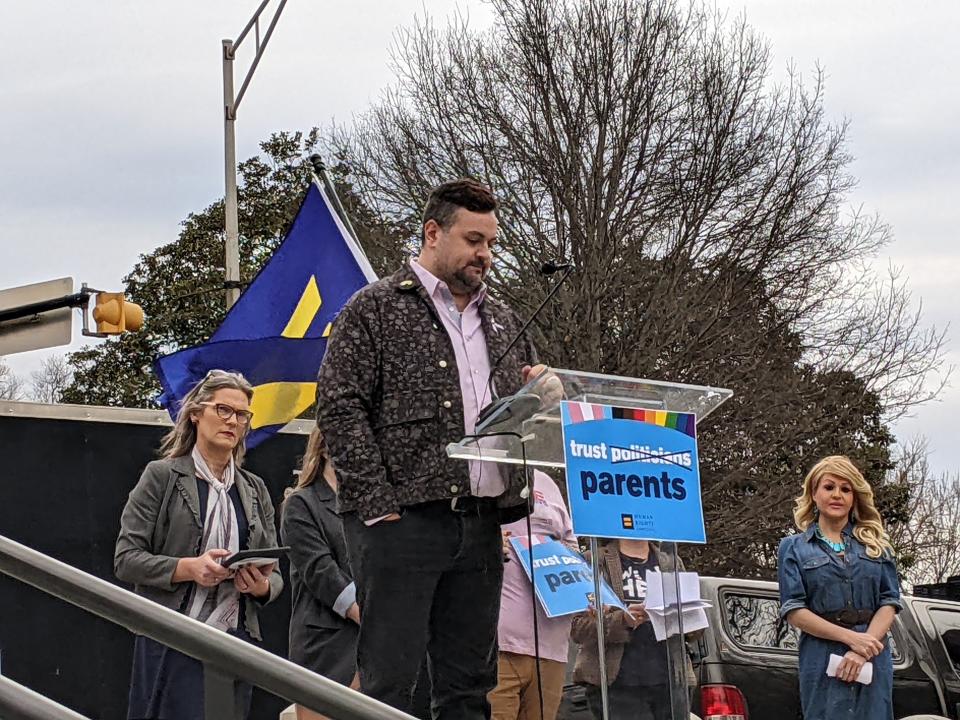 Phil Cobucci, founder of Inclusion Tennessee, addresses a rally to oppose legislation banning drag shows in public places.