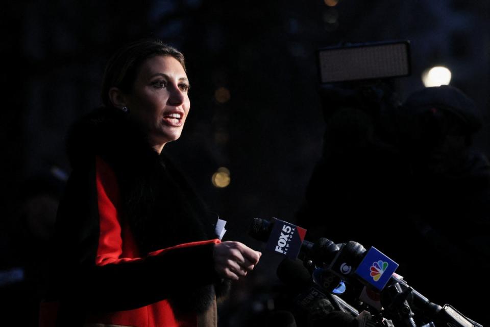 Donald Trump’s attorney Alina Habba speaks to reporters outside Manhattan federal court on 26 January following a second defamation trial stemming from E Jean Carroll’s lawsuits against the former president. (REUTERS)