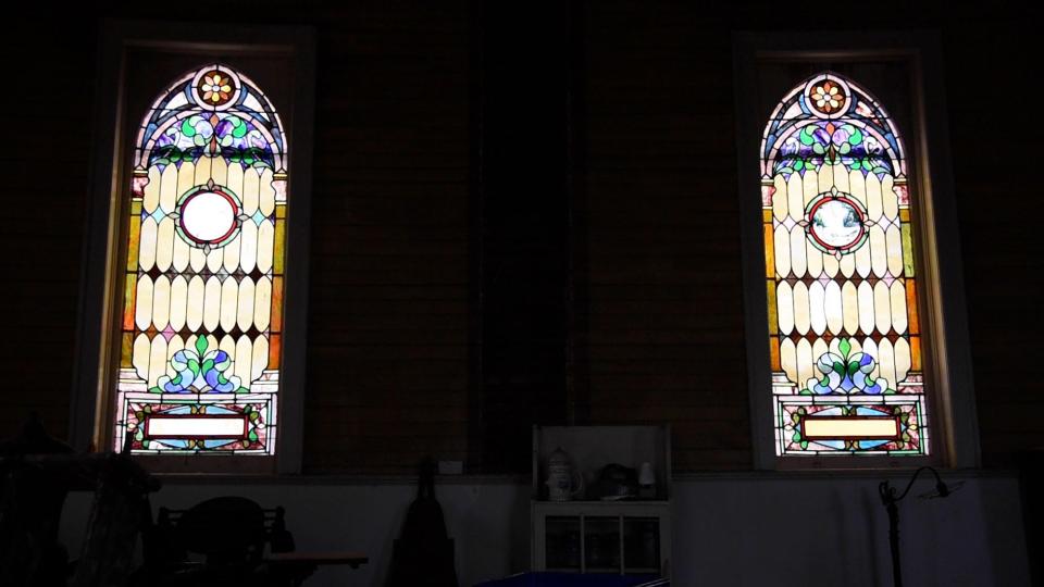 Stained glass windows at the old St. Catharine's Church on Stillwell Rd. on Wednesday, Jan. 19. The original building had clear glass, according to the Holmdel Historical Society.