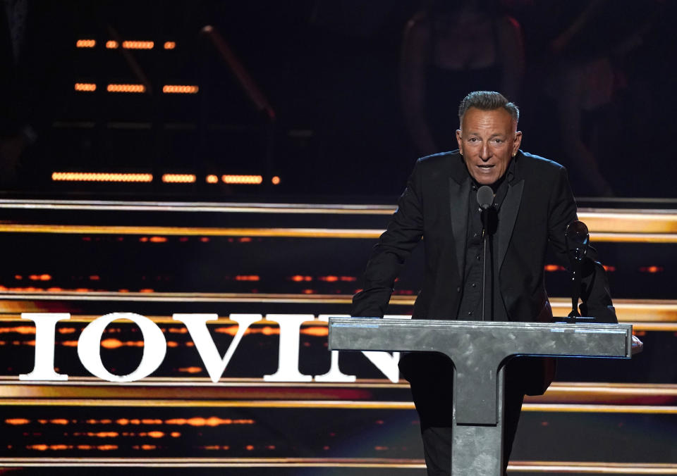 Bruce Springsteen introduces inductee Jimmy Iovine during the Rock & Roll Hall of Fame Induction Ceremony on Saturday, Nov. 5, 2022, at the Microsoft Theater in Los Angeles. (AP Photo/Chris Pizzello)