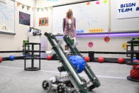 First lady Jill Biden visits a robotics lab as she tours Fort LeBoeuf Middle School in Waterford, Pa., Wednesday, March 3, 2021. (Mandel Ngan/Pool via AP)