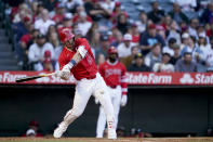 Los Angeles Angels' Mike Trout grounds out to Philadelphia Phillies second baseman Bryson Stott during the first inning of a baseball game, Monday, April 29, 2024, in Anaheim, Calif. (AP Photo/Ryan Sun)