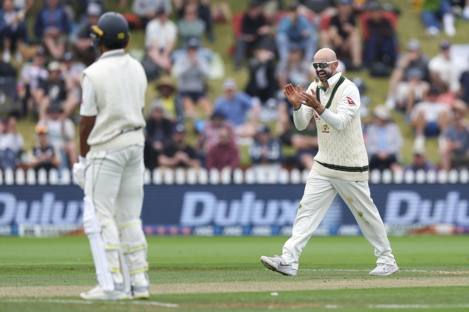 WELLINGTON, NEW ZEALAND - MARCH 03: Nathan Lyon of Australia celebrates after taking the wicket of ravduring day four of the First Test in the series between New Zealand and Australia at Basin Reserve on March 03, 2024 in Wellington, New Zealand. (Photo by Hagen Hopkins/Getty Images)