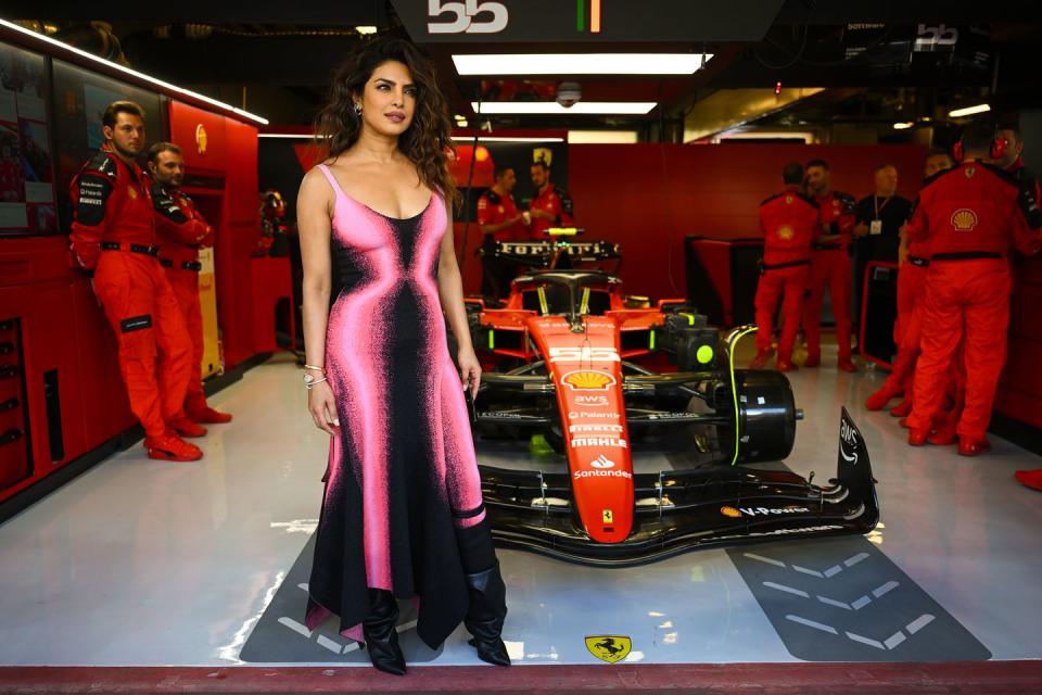 priyanka chopra wears a pink and black dress at the f1grand prix in abu dhabi