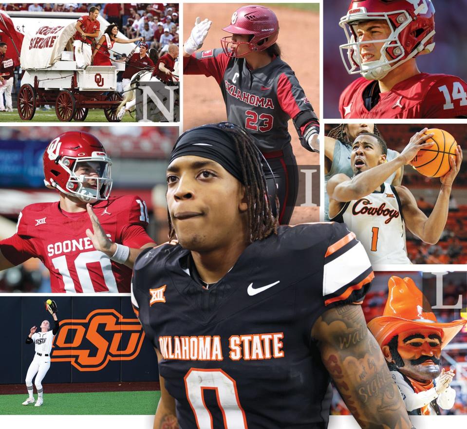 Senate Bill 1786 would allow Oklahoma universities to directly pay student-athletes for NIL use, should conference or NCAA (or NAIA) rules or changes in federal law allow it. Clockwise: Sooner Schooner, Oklahoma's Tiare Jennings, General Booty, Oklahoma State's Bryce Thompson, Pistol Pete, Oklahoma State's Ollie Gordon, Oklahoma State's Tia Warsop, Oklahoma's Jackson Arnold.