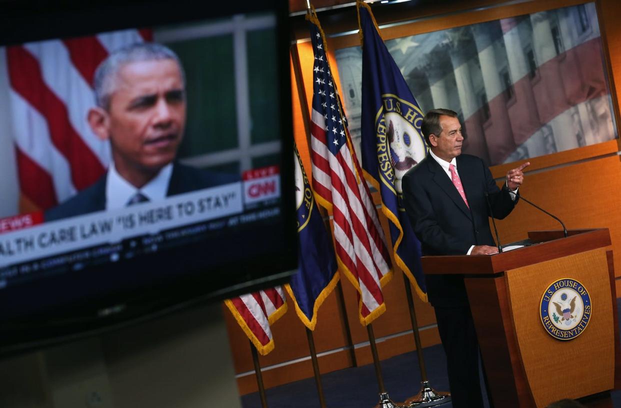 <span class="caption">Former House Speaker John Boehner holds a press conference June 25, 2012, after the Supreme Court handed down a 5-4 decision upholding the Affordable Care Act. </span> <span class="attribution"><a class="link " href="https://www.gettyimages.com/detail/news-photo/speaker-of-the-house-john-boehner-holds-his-weekly-news-news-photo/478466160?adppopup=true" rel="nofollow noopener" target="_blank" data-ylk="slk:Chip Somodevilla/Getty Images;elm:context_link;itc:0;sec:content-canvas">Chip Somodevilla/Getty Images</a></span>