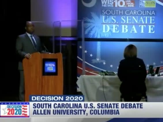 Jaime Harrison appeared at the South Carolina Senate debate with a plexiglass wall to shield from possible exposure to coronavirus from Lindsey Graham (WIS-TV)