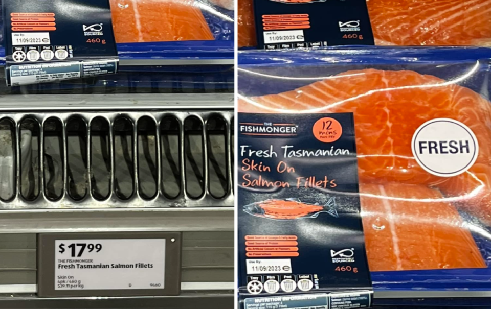 Aldi salmon on supermarket fridge shelf