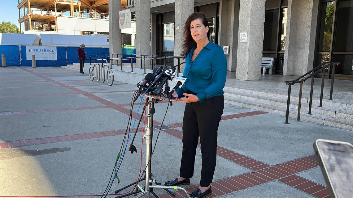 Janey Peterson, Scott Peterson’s sister-in-law, speaks after final arguments concluded in a hearing to determine if the convicted killer will receive a new trial on Aug. 11, 2022 in Redwood City, Calif.
